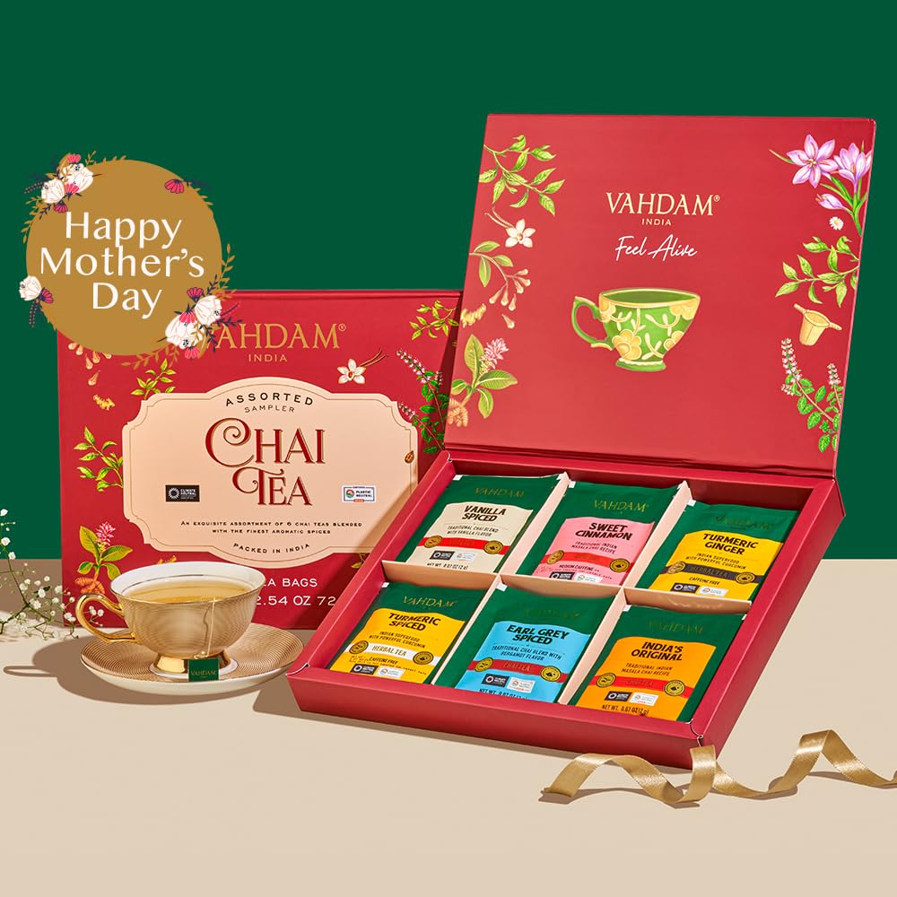 VAHDAM Assorted Chai Tea Gift Set flavors display across six varieties.