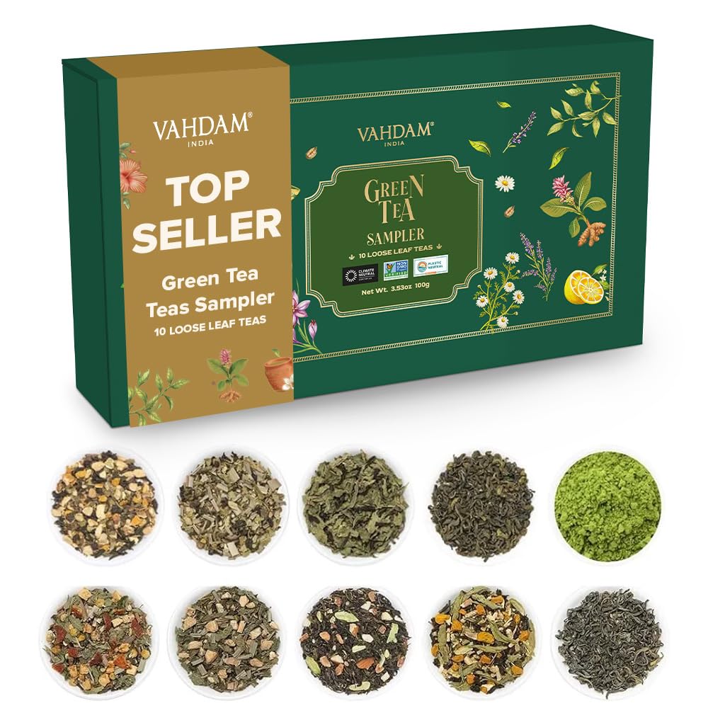 VAHDAM assorted green tea gift set packaging showcasing 10 flavors for gifting
