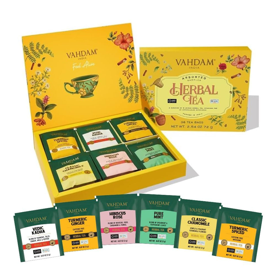 VAHDAM assorted herbal tea collection in giftable package for everyday tasting and gifting.