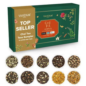 VAHDAM assorted loose leaf chai sampler showing 10 flavors for daily variety