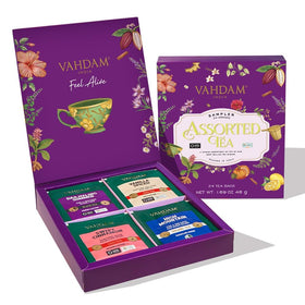 VAHDAM assorted tea presentation box offers a premium gift-ready selection for gifting at home.