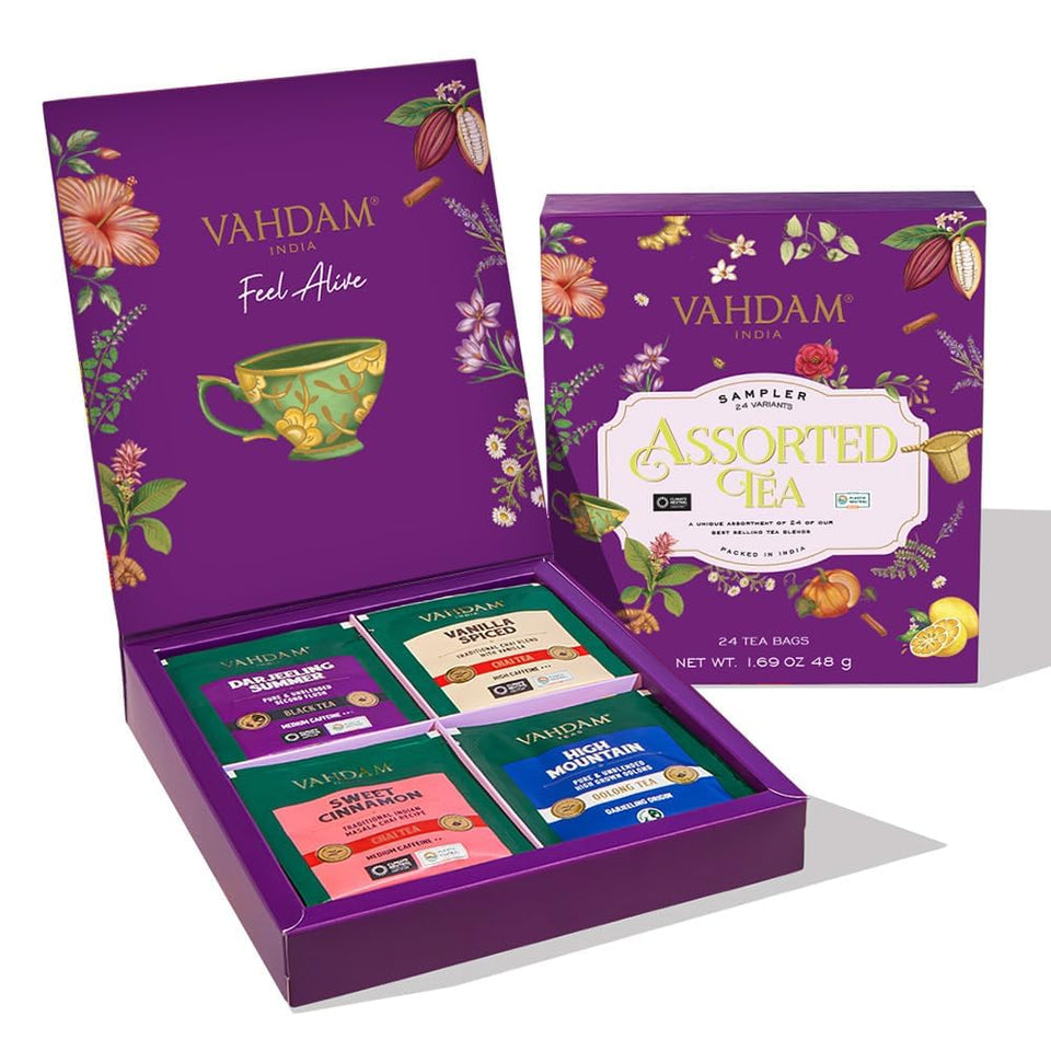 VAHDAM assorted tea presentation box offers a premium gift-ready selection for gifting at home.