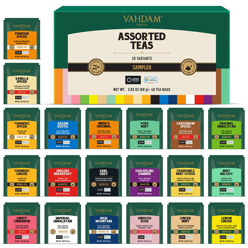 VAHDAM Assorted Tea Sampler outer box—gift-ready presentation for refined tasting.