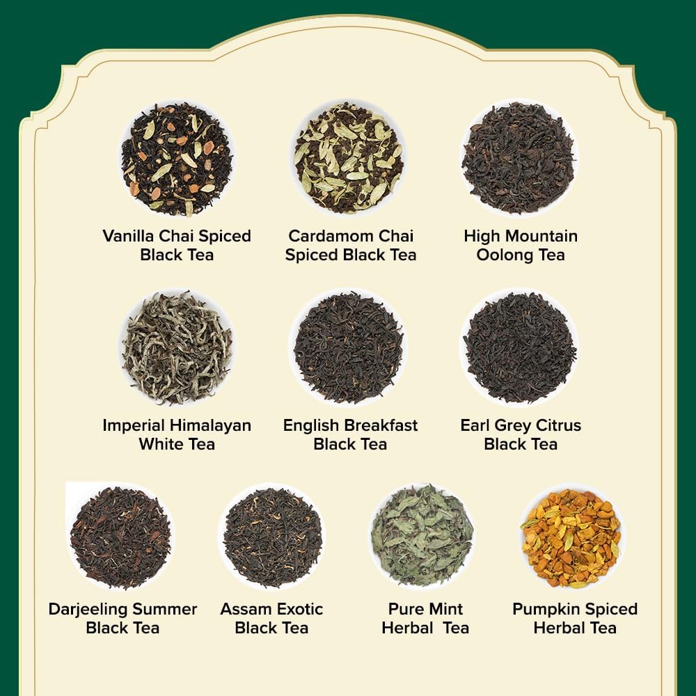 VAHDAM Assorted Tea Sampler packaging closeup—premium materials signal quality.