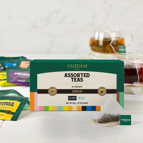 VAHDAM Assorted Tea Sampler pyramid bags—leaves unfurl for richer cups.