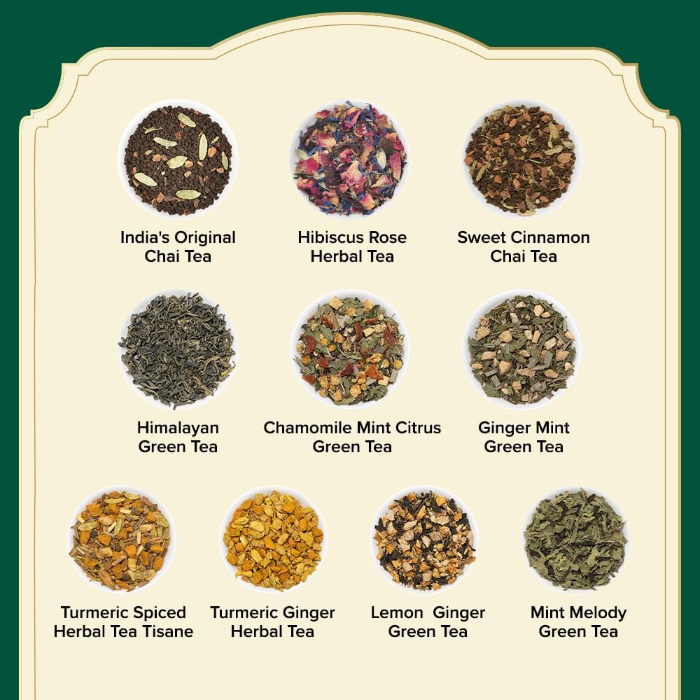 VAHDAM Assorted Tea Sampler tea bags—convenient pyramid bags for fuller flavor.