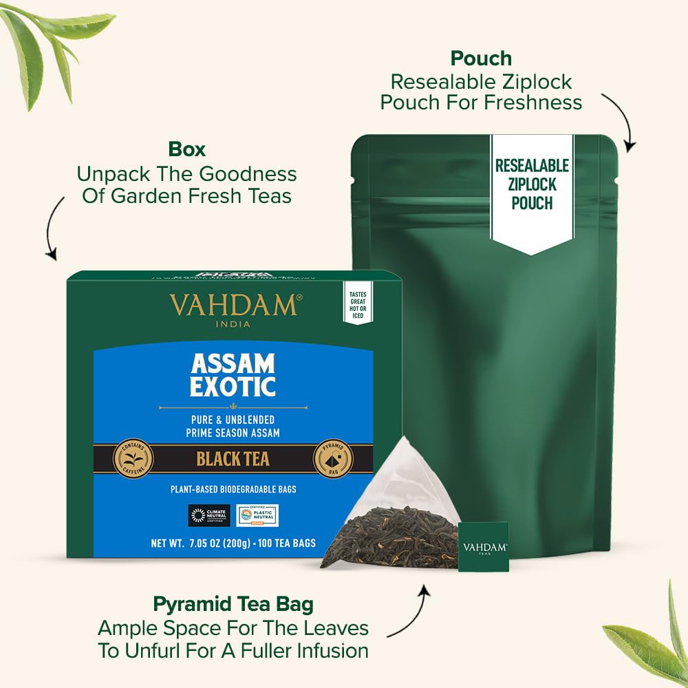 VAHDAM biodegradable pyramid tea bags unfold to release rich aroma.