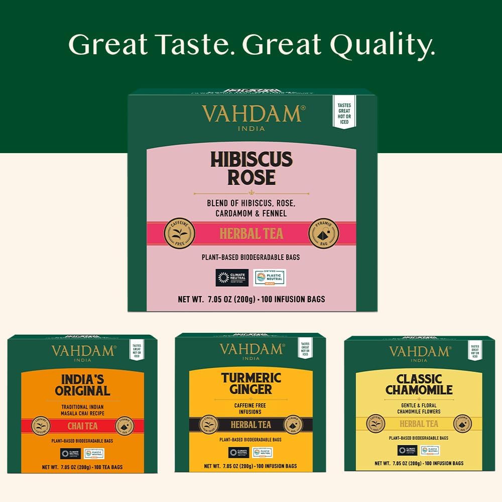 VAHDAM caffeine free floral tisane suitable for any time.
