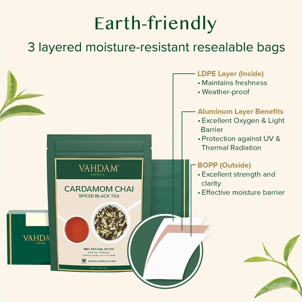 VAHDAM Cardamom Chai Tea eco-conscious packaging reduces waste.