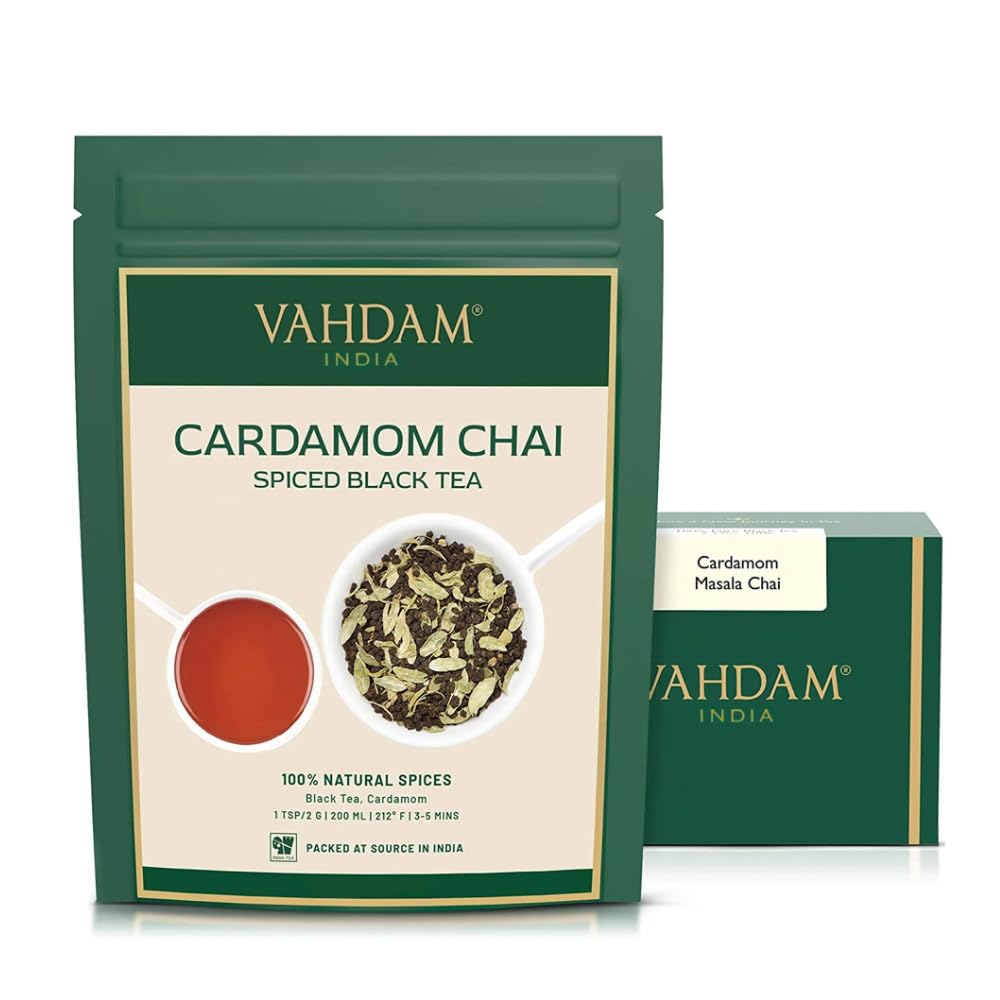 VAHDAM Cardamom Chai Tea loose leaf in resealable bag enriching aroma.