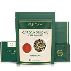 Premium plantation origin of VAHDAM Cardamom Chai Tea boosts flavor.