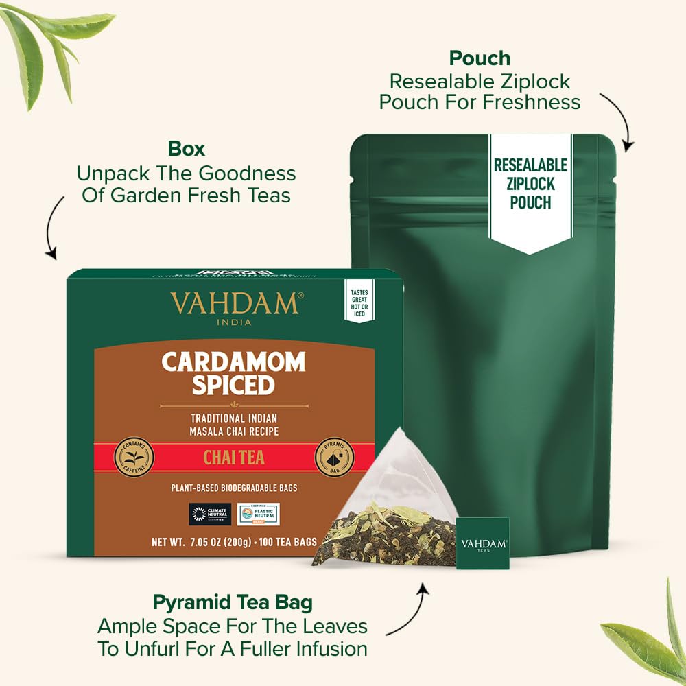 Close-up of VAHDAM Cardamom Masala chai dry leaves with premium black tea and cardamom