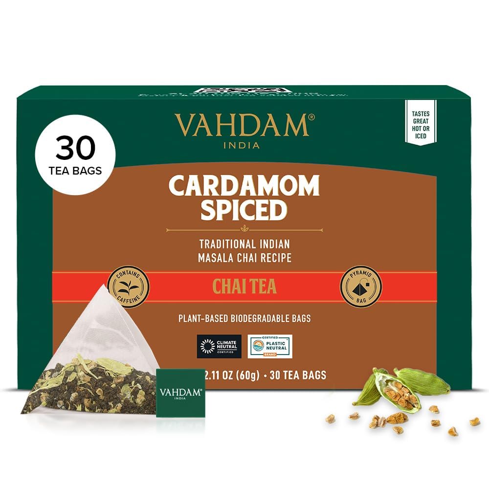 VAHDAM Cardamom Masala Chai tea bags in packaging showcasing farm-fresh ingredients