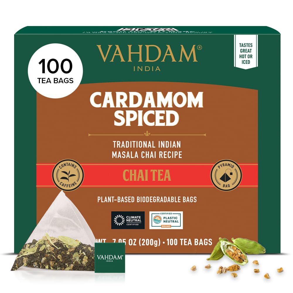 VAHDAM Cardamom Masala Chai tea bags ready for brewing, with rich cardamom aroma