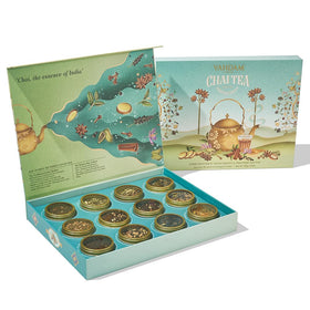 VAHDAM Chai Tea Gift Set in a tin caddy, perfect for gifting.