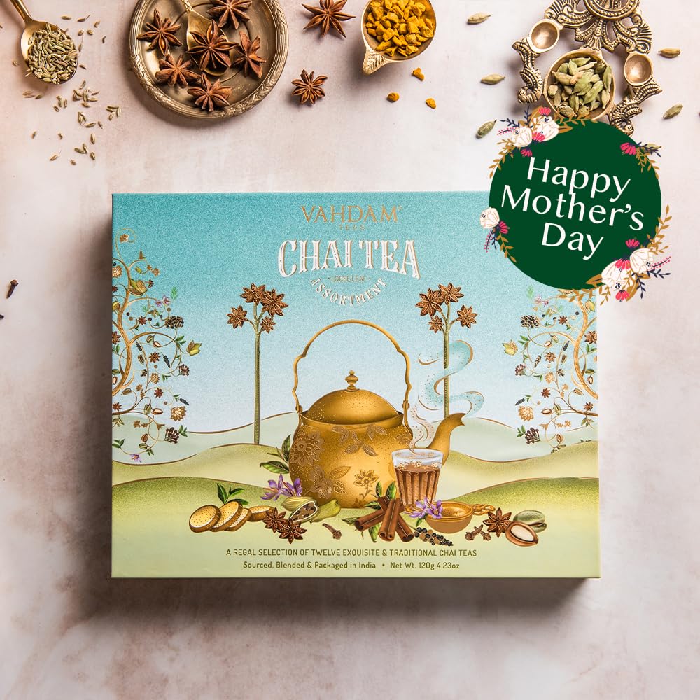 VAHDAM chai varieties collection displaying 12 blends for tea lovers.