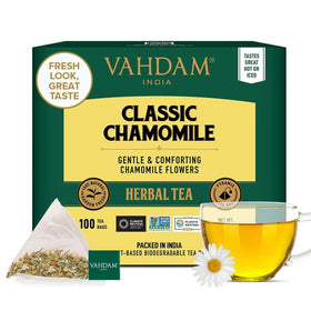 VAHDAM Chamomile herbal tea packaging in resealable pouch preserves freshness for longer