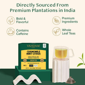 VAHDAM chamomile mint citrus blend tea bags with floral citrus notes.