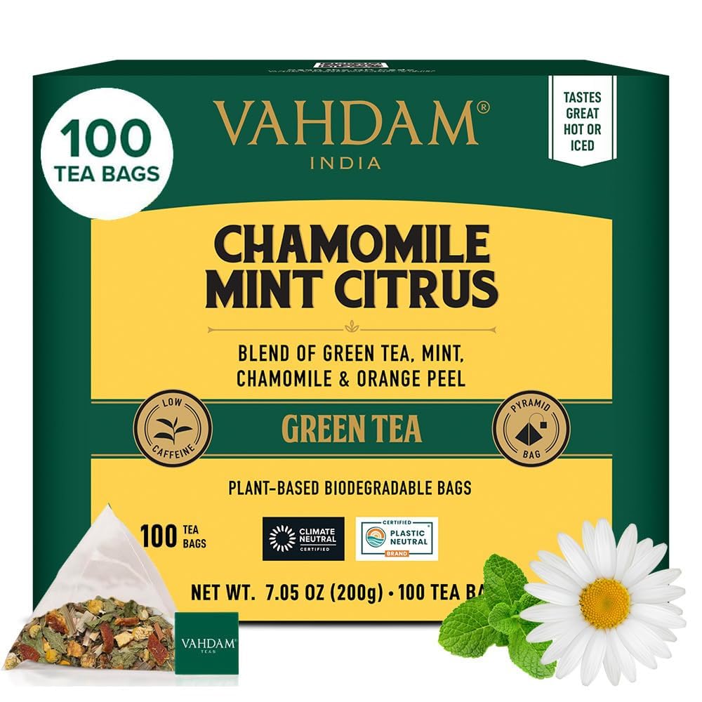 VAHDAM chamomile mint citrus green tea bags in resealable pouch for a soothing evening.