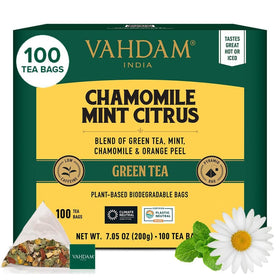 VAHDAM chamomile mint citrus green tea bags in resealable pouch for a soothing evening.