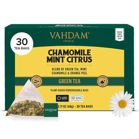 VAHDAM chamomile mint citrus green tea bags pack offers a fresh, low-caffeine daily ritual.