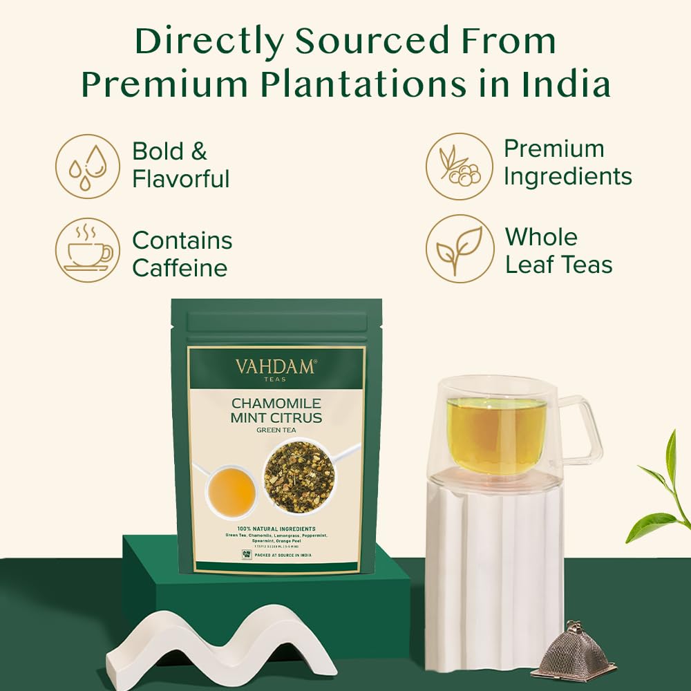 VAHDAM Chamomile Mint Citrus Green Tea leaves brewing in a cup for a soothing ritual.
