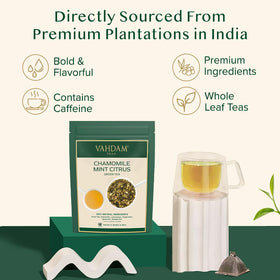 VAHDAM Chamomile Mint Citrus Green Tea leaves brewing in a cup for a soothing ritual.