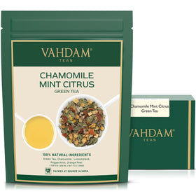 VAHDAM Chamomile Mint Citrus Green Tea leaves in loose form for a refreshing calm break.