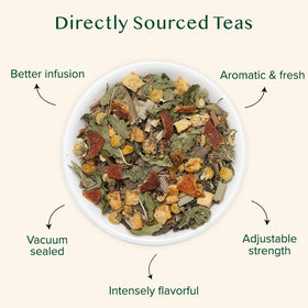 VAHDAM Chamomile Mint Citrus Green Tea leaves steeping in a cup releasing garden-fresh aroma.