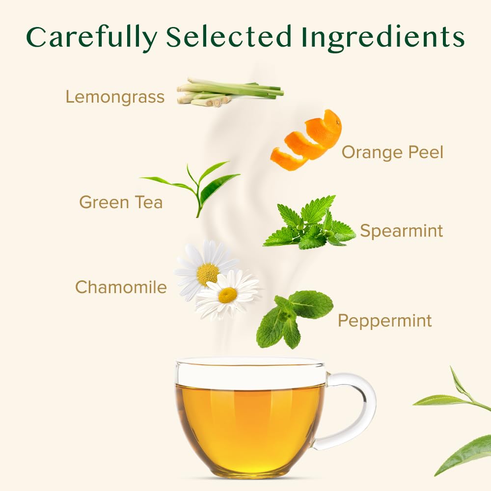 VAHDAM Chamomile Mint Citrus Green Tea leaves in vacuum-sealed packaging for lasting freshness.