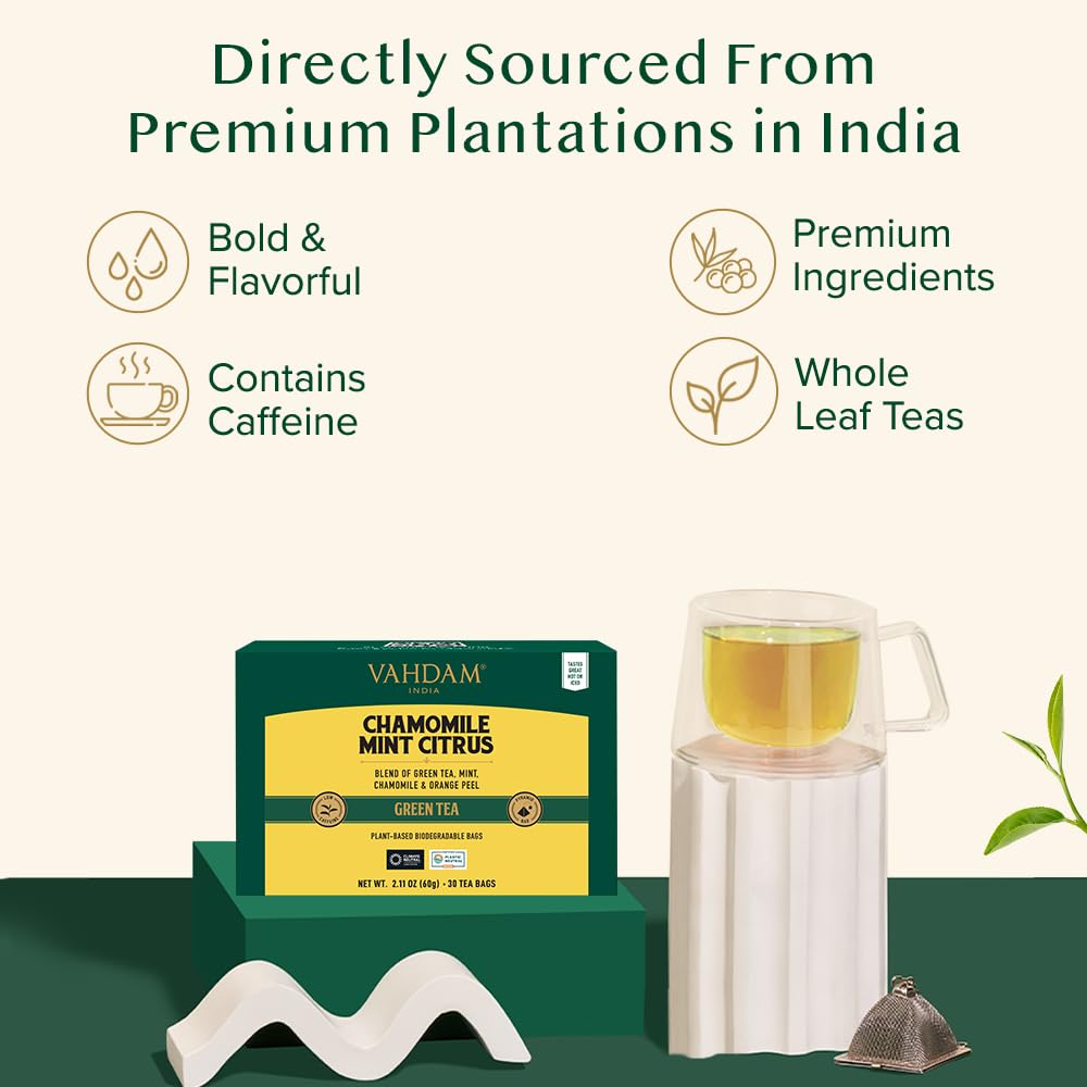 VAHDAM chamomile mint orange peel infusion aroma for floral-citrus notes.