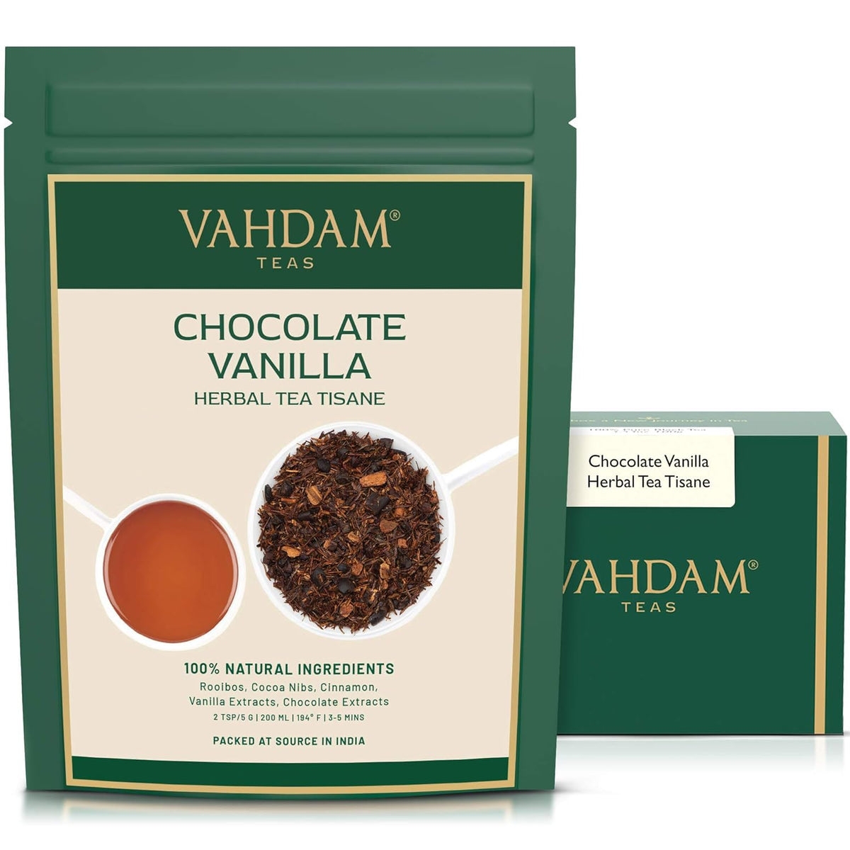 VAHDAM Chocolate Vanilla Herbal Tea tisane loose-leaf with fresh aroma and cocoa-vanilla notes