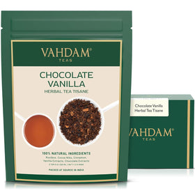 VAHDAM Chocolate Vanilla Herbal Tea tisane loose-leaf with fresh aroma and cocoa-vanilla notes