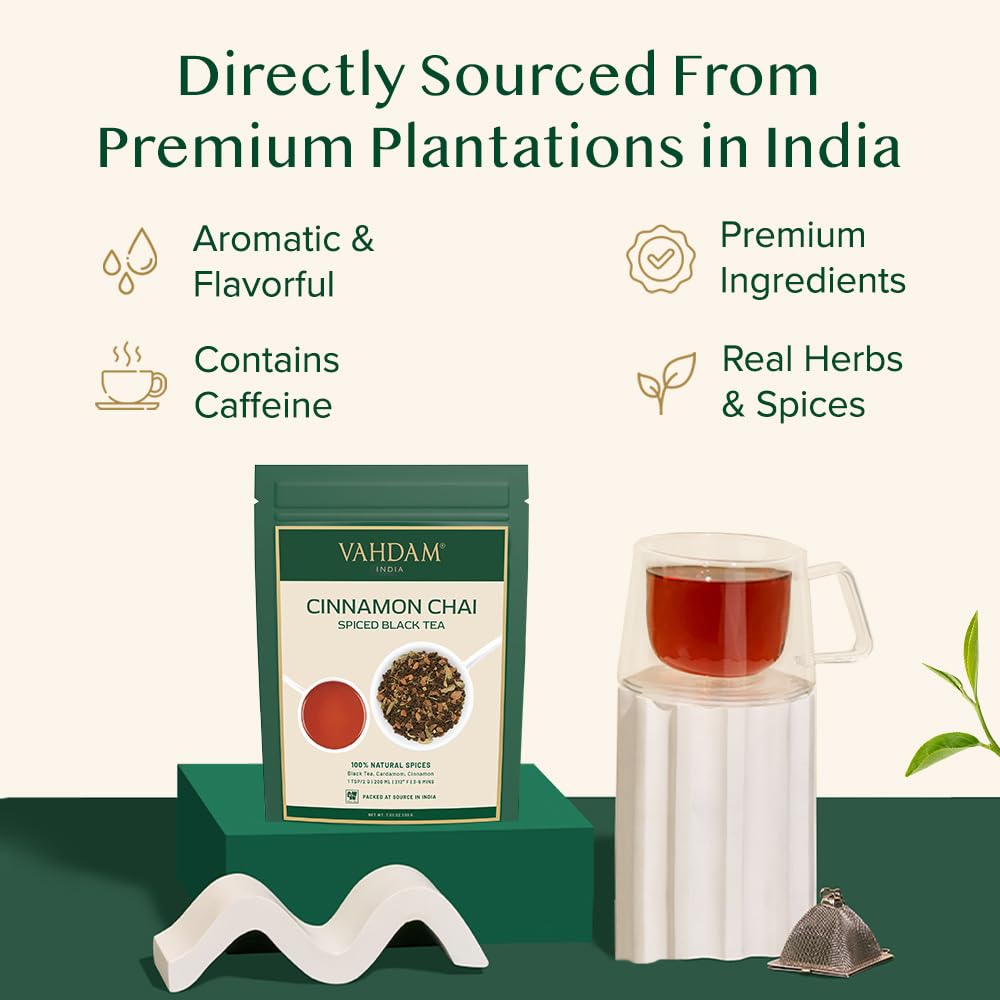 VAHDAM Cinnamon Masala Chai brewed cup with warm spice