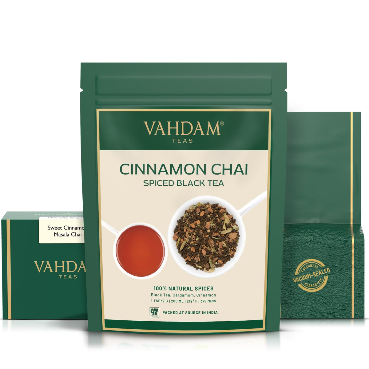 VAHDAM Cinnamon Masala Chai packaging bag emphasizing freshness