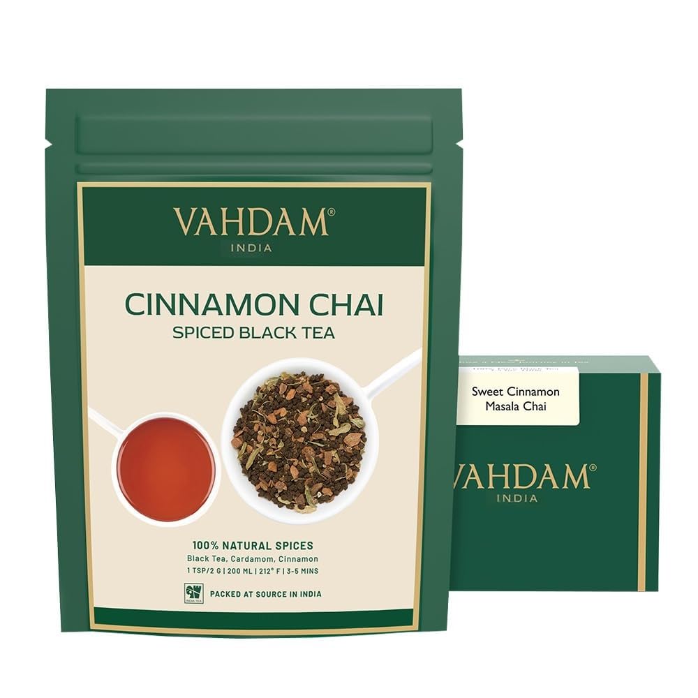 VAHDAM Cinnamon Masala Chai packaging highlighting direct-sourced freshness