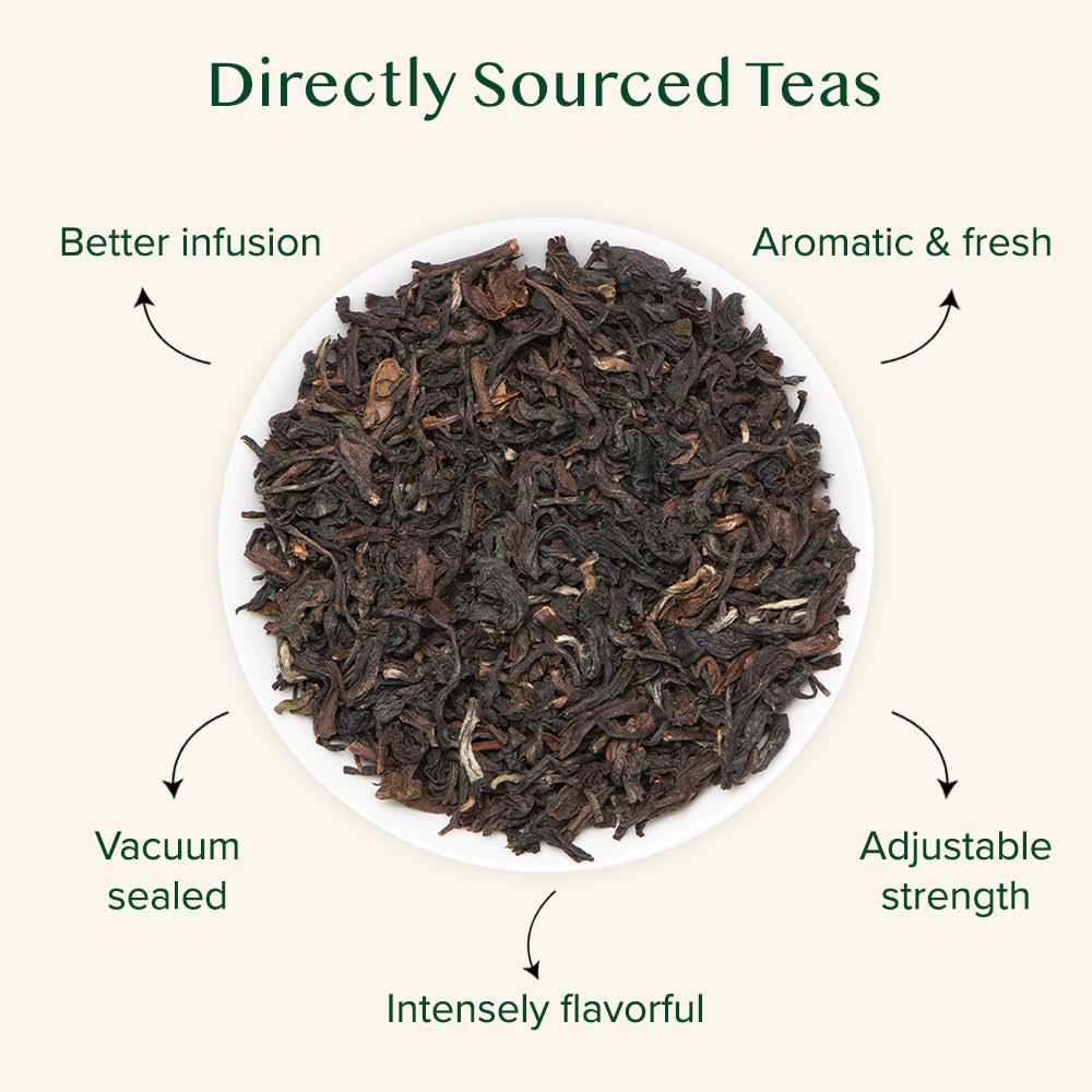 VAHDAM Darjeeling loose leaves close-up highlighting delicate texture and aroma.