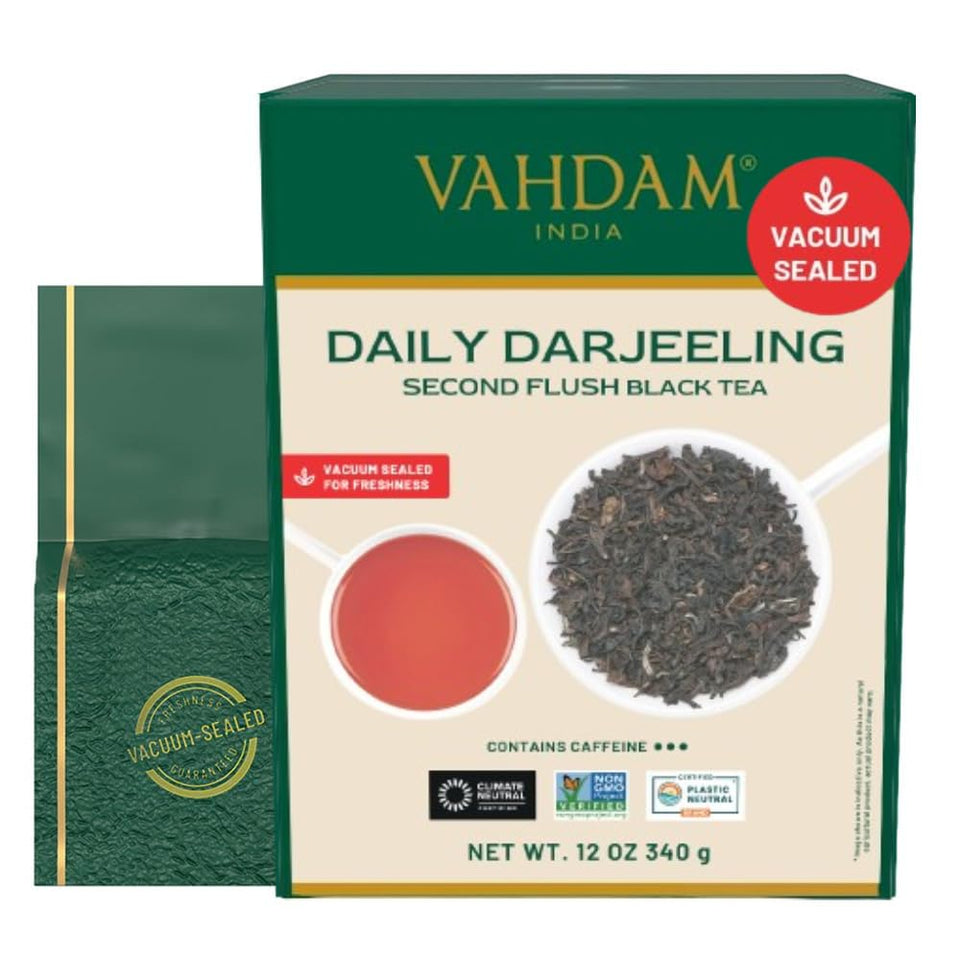 VAHDAM Darjeeling front packaging showcases premium leaves for refined aroma.
