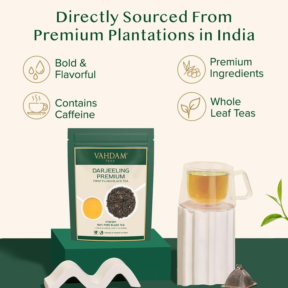 Steeping VAHDAM Darjeeling reveals a fragrant cup with spring character