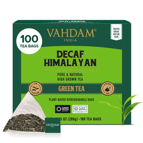 VAHDAM Decaf Himalayan Green Tea box front, premium caffeine-free option