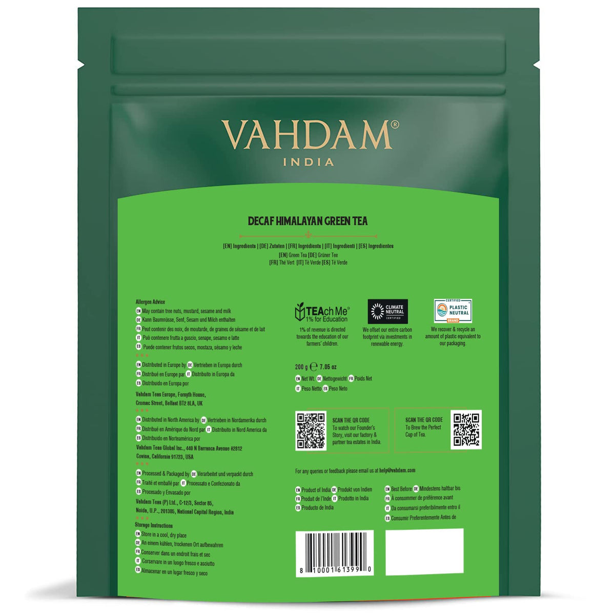 VAHDAM branding on eco-friendly, sustainable packaging