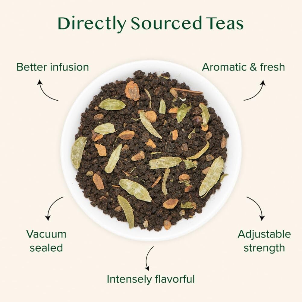 VAHDAM Double Spice Masala Chai loose leaves in cup for vibrant brew.