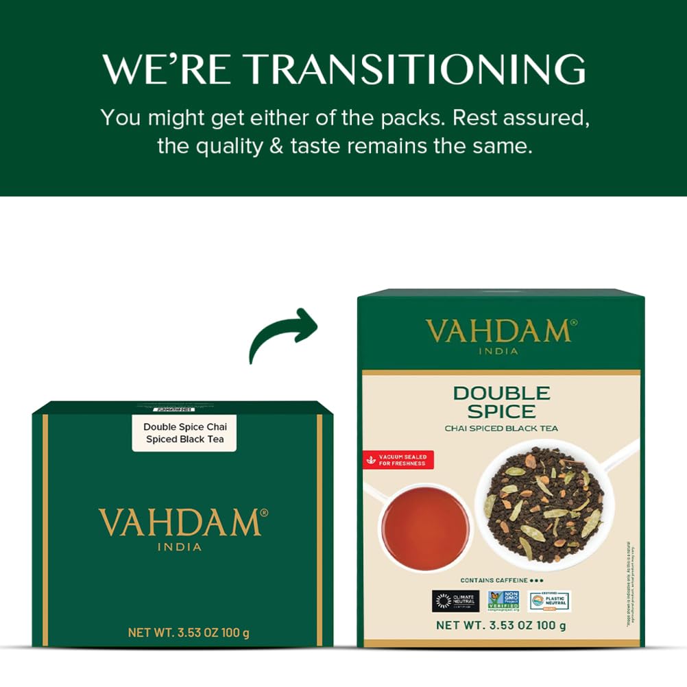 VAHDAM Double Spice Masala Chai loose-leaf close-up highlights bold spice aroma.