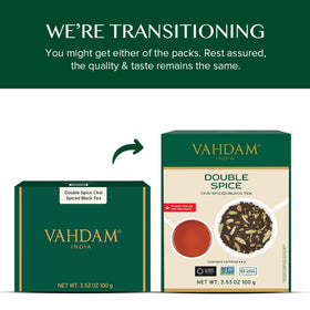 VAHDAM Double Spice Masala Chai loose-leaf close-up highlights bold spice aroma.