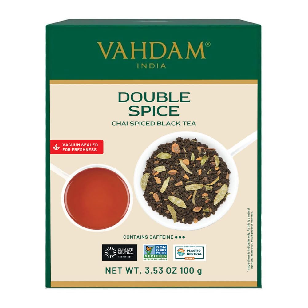 VAHDAM Double Spice Masala Chai packaging showcases vacuum-sealed freshness for on-the-go brewing.