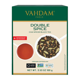 VAHDAM Double Spice Masala Chai packaging showcases vacuum-sealed freshness for on-the-go brewing.