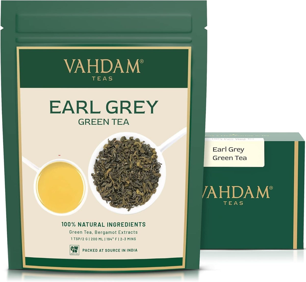 VAHDAM Earl Grey Citrus Green Tea loose-leaf packaging showing freshness seal