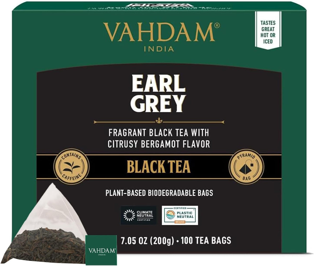 VAHDAM Earl Grey tea bags with citrus bergamot deliver bright aroma.
