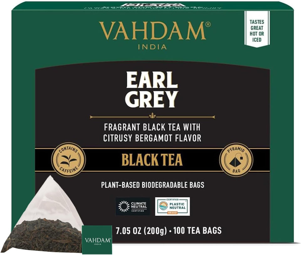 VAHDAM Earl Grey tea bags with citrus bergamot deliver bright aroma.