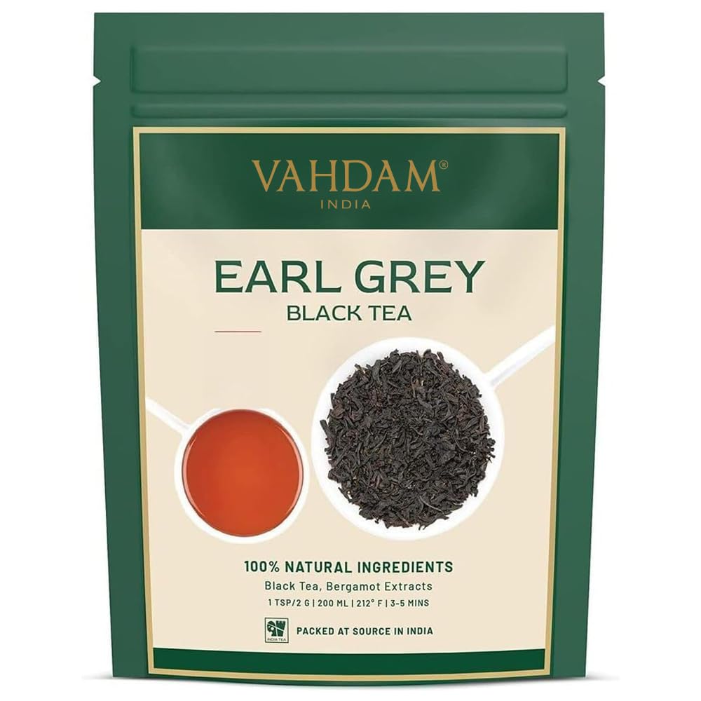 VAHDAM Earl Grey loose-leaf tea with citrusy bergamot aroma for a vibrant cup.
